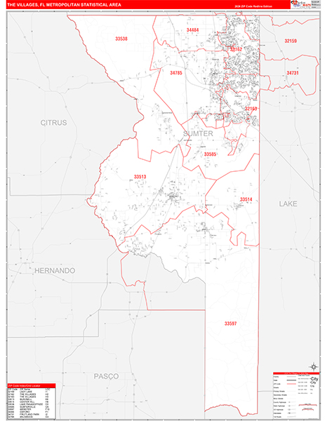 The Villages Metro Area Wall Map Red Line Style